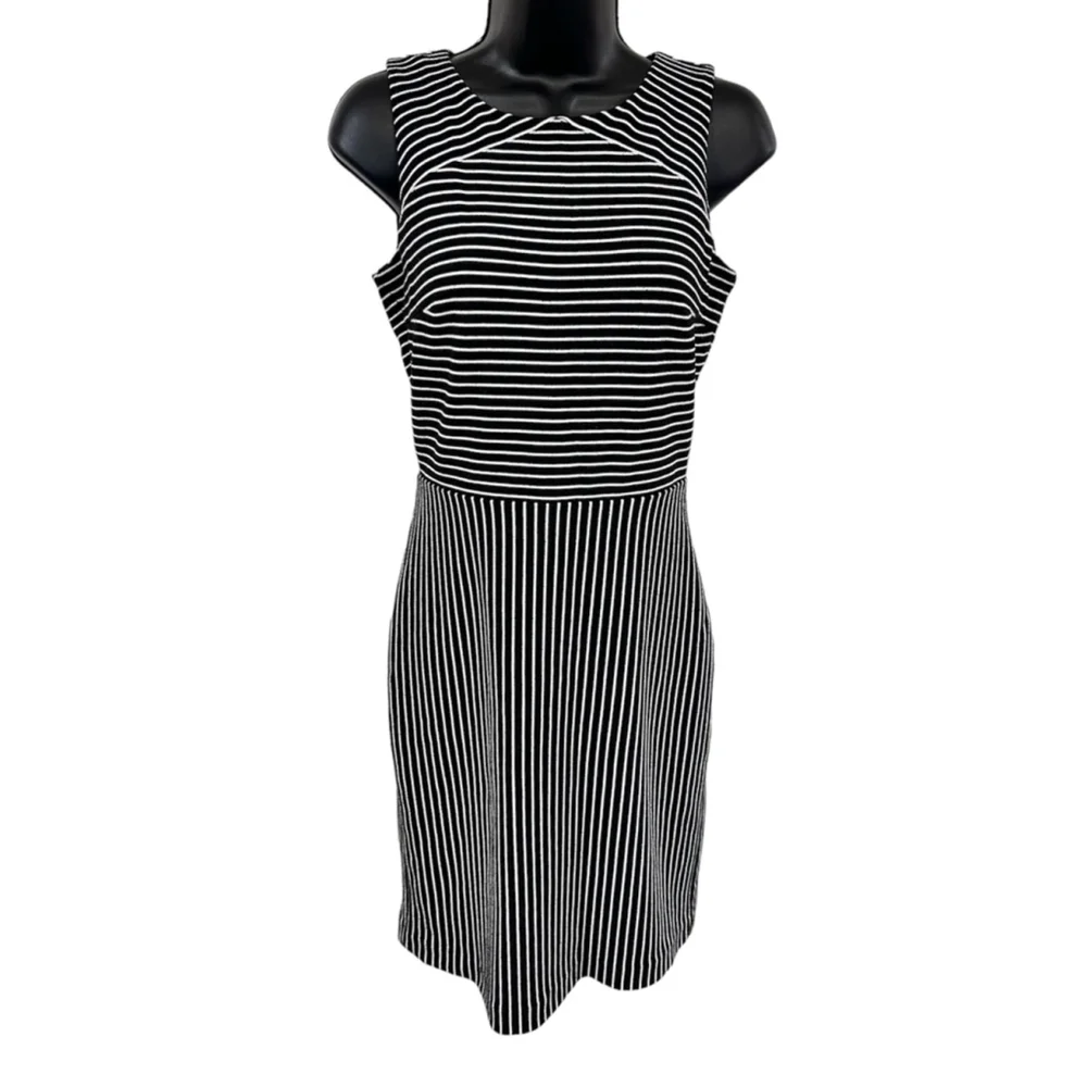 SOLD - Banana Republic Sheath Dress, Sleeveless Black & White Striped, size 2 - Picture 1 of 11
